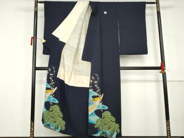 平和屋着物●アンティーク　大正ロマン　色留袖　刺繍　花船松文　鬼しぼ縮緬　正絹　逸品　AABL7672cs