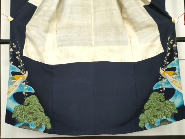 平和屋着物●アンティーク　大正ロマン　色留袖　刺繍　花船松文　鬼しぼ縮緬　正絹　逸品　AABL7672cs