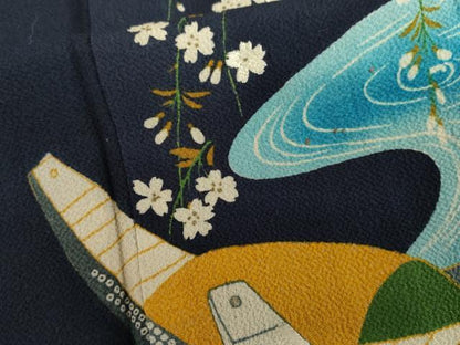 平和屋着物●アンティーク　大正ロマン　色留袖　刺繍　花船松文　鬼しぼ縮緬　正絹　逸品　AABL7672cs