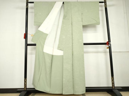 平和屋着物●上質な色無地　御所車風景地紋　裏葉色　正絹　逸品　AABL7681cs