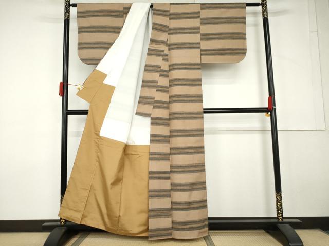 平和屋着物●郡上紬　草木染　横段文　正絹　逸品　未使用　AABL7685cs