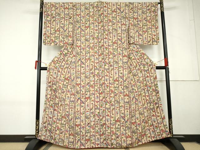 平和屋着物●上質な小紋　型染め　飛鶴舞蝶間道　鬼しぼ縮緬　正絹　逸品　AABL7701cs