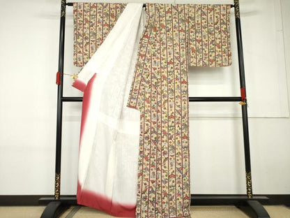 平和屋着物●上質な小紋　型染め　飛鶴舞蝶間道　鬼しぼ縮緬　正絹　逸品　AABL7701cs