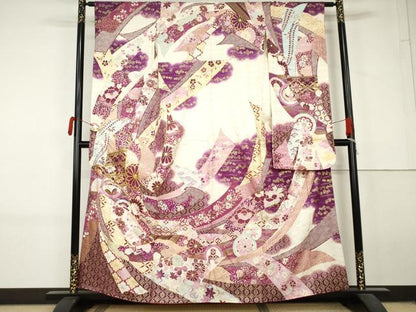 平和屋着物●豪華振袖　駒刺繍　蔓帯吉祥花文　金彩　正絹　逸品　AABL7702cs