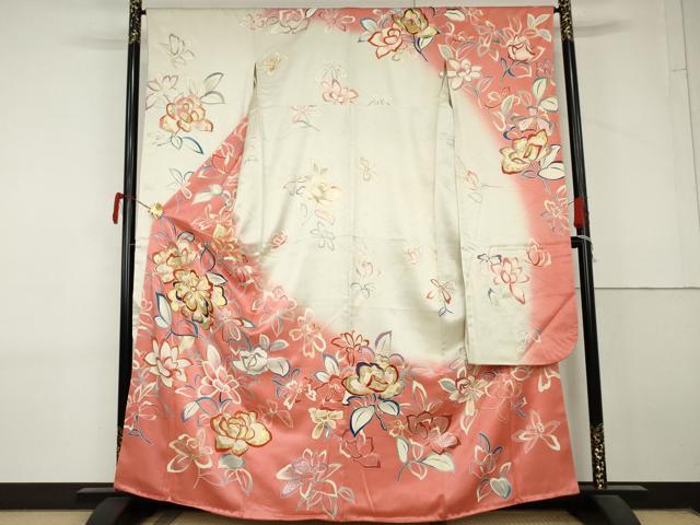 平和屋着物●豪華振袖　駒刺繍　枝花文　暈し染め　金銀彩　正絹　逸品　AABL7709cs