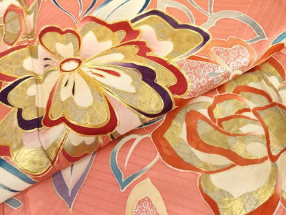 平和屋着物●豪華振袖　駒刺繍　枝花文　暈し染め　金銀彩　正絹　逸品　AABL7709cs