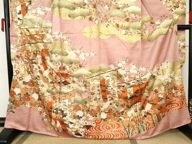 平和屋着物●豪華振袖　駒刺繍　几帳吉祥花文　金彩　正絹　逸品　AABL7712cs