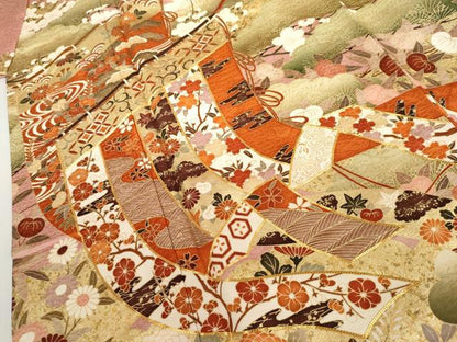 平和屋着物●豪華振袖　駒刺繍　几帳吉祥花文　金彩　正絹　逸品　AABL7712cs
