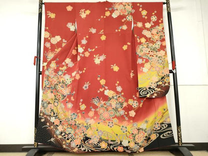 平和屋着物●豪華振袖　型染め　雪輪花蝶文　暈し染め　正絹　逸品　AABL7713cs