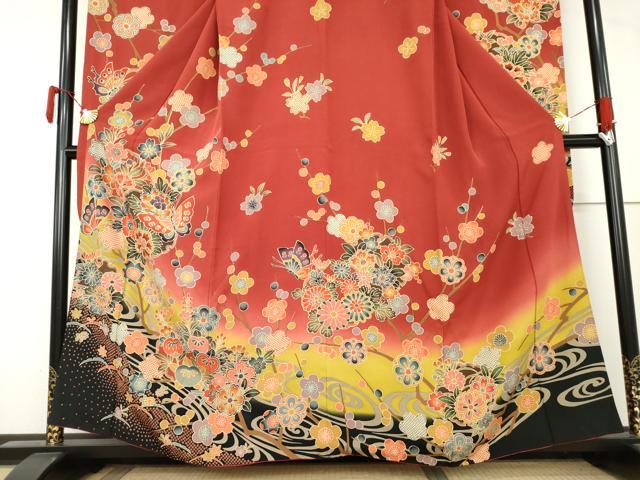 平和屋着物●豪華振袖　型染め　雪輪花蝶文　暈し染め　正絹　逸品　AABL7713cs