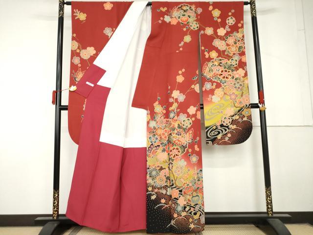 平和屋着物●豪華振袖　型染め　雪輪花蝶文　暈し染め　正絹　逸品　AABL7713cs