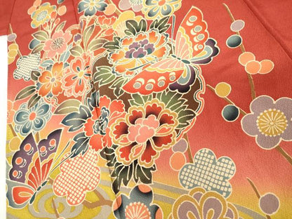平和屋着物●豪華振袖　型染め　雪輪花蝶文　暈し染め　正絹　逸品　AABL7713cs