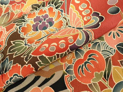 平和屋着物●豪華振袖　型染め　雪輪花蝶文　暈し染め　正絹　逸品　AABL7713cs