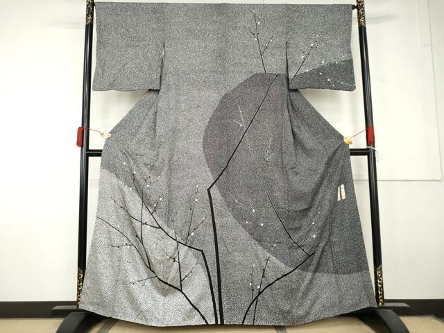 平和屋着物●中西進・栄俊　訪問着　刺繍　枝木につぼみ　たたき染め　銀彩　正絹　逸品　AABL7719cs