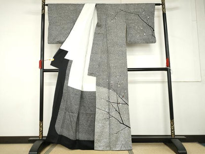 平和屋着物●中西進・栄俊　訪問着　刺繍　枝木につぼみ　たたき染め　銀彩　正絹　逸品　AABL7719cs