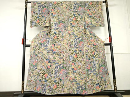 平和屋着物▼上質な小紋　陶器更紗花文　鬼しぼ縮緬　正絹　逸品　AABL7725cs