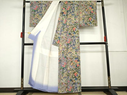 平和屋着物▼上質な小紋　陶器更紗花文　鬼しぼ縮緬　正絹　逸品　AABL7725cs