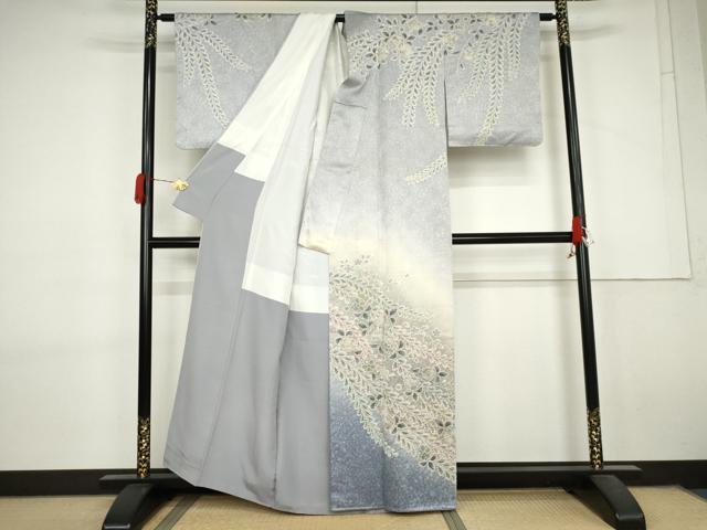 平和屋着物●伯河貞雄　訪問着　辻が花　絞り　暈し染め　銀通し地　正絹　逸品　AABL7730cs