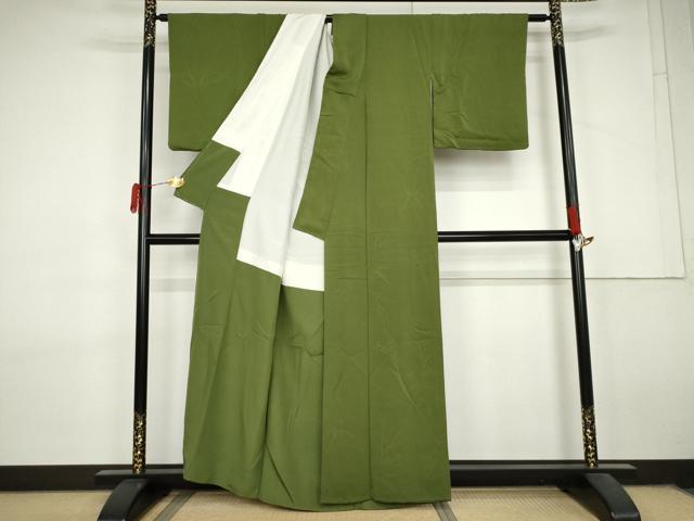 平和屋着物●上質な色無地　枝葉文　老竹色　正絹　逸品　AABL7737cs