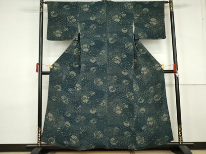 平和屋着物▼上質な小紋　型染め　花丸文　鬼しぼ縮緬　正絹　逸品　AABL7738cs