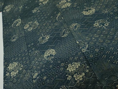 平和屋着物▼上質な小紋　型染め　花丸文　鬼しぼ縮緬　正絹　逸品　AABL7738cs