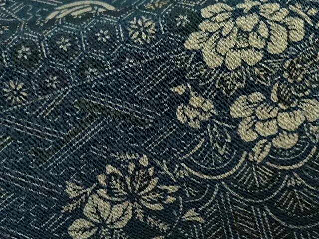 平和屋着物▼上質な小紋　型染め　花丸文　鬼しぼ縮緬　正絹　逸品　AABL7738cs