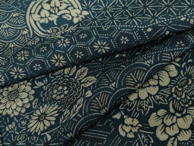 平和屋着物▼上質な小紋　型染め　花丸文　鬼しぼ縮緬　正絹　逸品　AABL7738cs