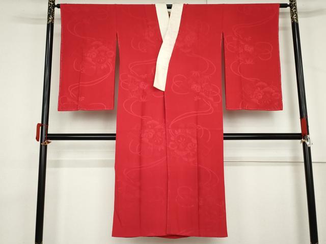 平和屋着物●長襦袢　袷　檜扇花地紋　紅色　正絹　逸品　AABL7742cs