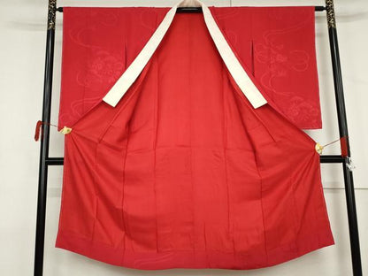 平和屋着物●長襦袢　袷　檜扇花地紋　紅色　正絹　逸品　AABL7742cs