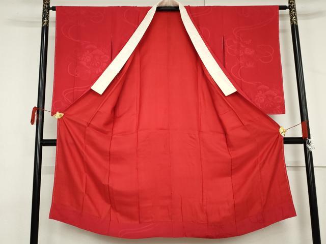 平和屋着物●長襦袢　袷　檜扇花地紋　紅色　正絹　逸品　AABL7742cs