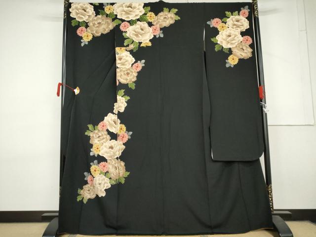 平和屋着物●こむさでもーど・COMME CA DU MODE　振袖　草花文　黒地　正絹　逸品　AABL7745cs