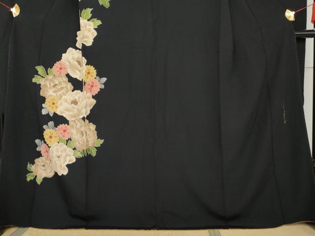 平和屋着物●こむさでもーど・COMME CA DU MODE　振袖　草花文　黒地　正絹　逸品　AABL7745cs