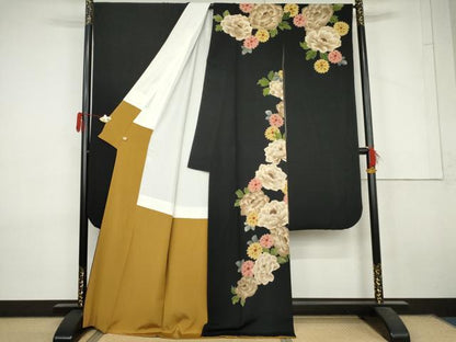 平和屋着物●こむさでもーど・COMME CA DU MODE　振袖　草花文　黒地　正絹　逸品　AABL7745cs