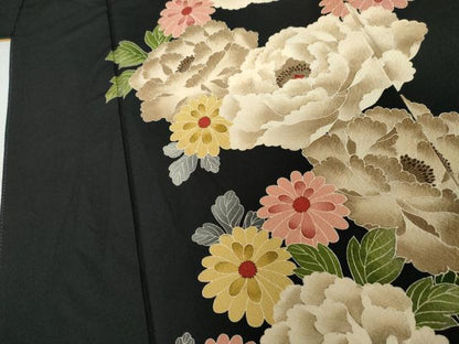 平和屋着物●こむさでもーど・COMME CA DU MODE　振袖　草花文　黒地　正絹　逸品　AABL7745cs