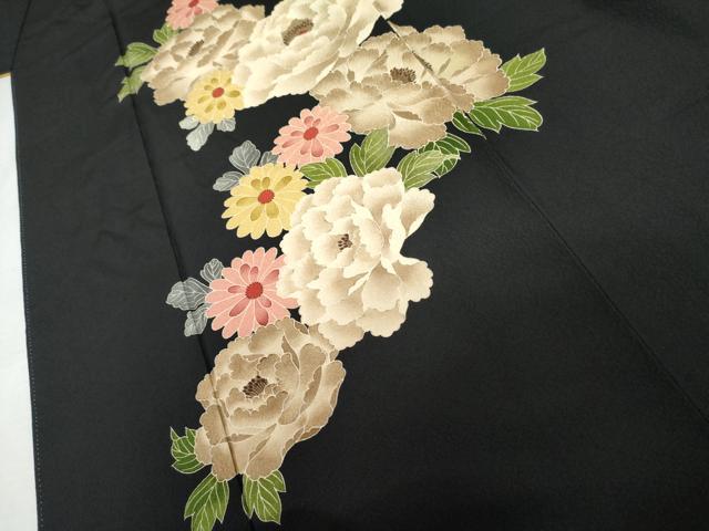平和屋着物●こむさでもーど・COMME CA DU MODE　振袖　草花文　黒地　正絹　逸品　AABL7745cs