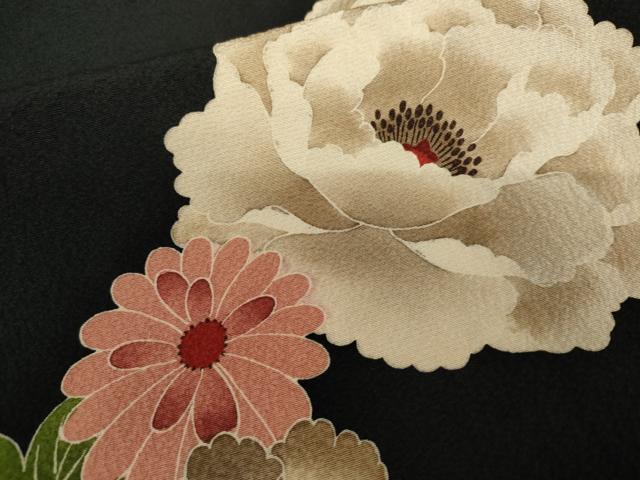平和屋着物●こむさでもーど・COMME CA DU MODE　振袖　草花文　黒地　正絹　逸品　AABL7745cs