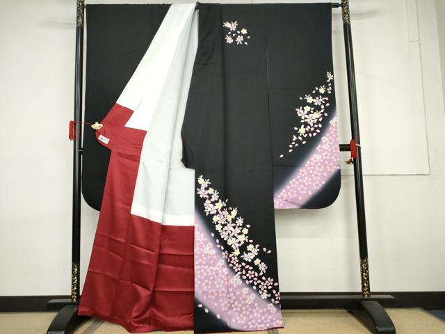 平和屋着物●豪華振袖　舞桜文　暈し染め　黒地　やまと誂製　正絹　逸品　AABL7748cs