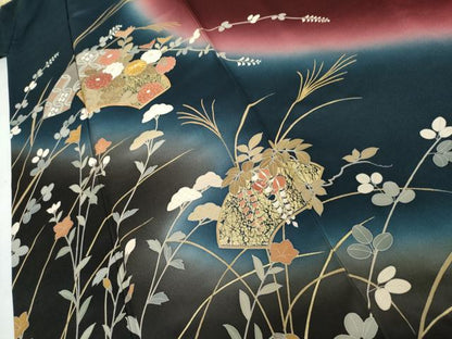 平和屋着物●訪問着　駒刺繍　地紙枝花文　金彩　正絹　逸品　AABL7754cs