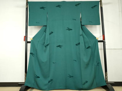 平和屋着物●上質な色無地　ビロード　雲重ね地紋　青緑色　正絹　逸品　AABL7780cs