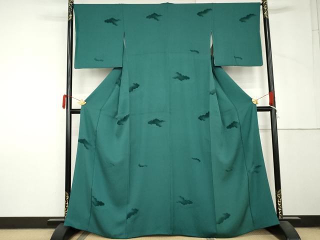 平和屋着物●上質な色無地　ビロード　雲重ね地紋　青緑色　正絹　逸品　AABL7780cs