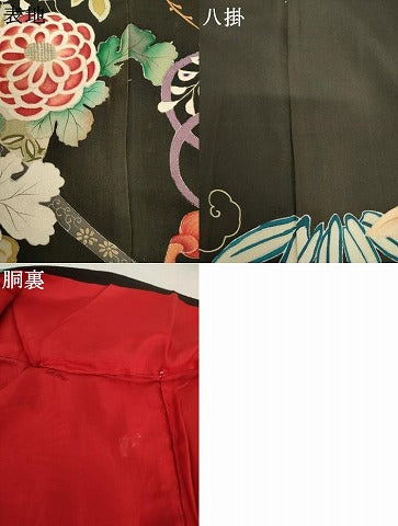 平和屋本店●アンティーク　大正ロマン　振袖　刺繍　御所車吉祥花文　黒地　正絹　逸品　AABL7788cs