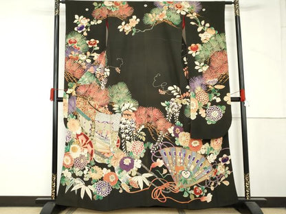 平和屋本店●アンティーク　大正ロマン　振袖　刺繍　御所車吉祥花文　黒地　正絹　逸品　AABL7788cs