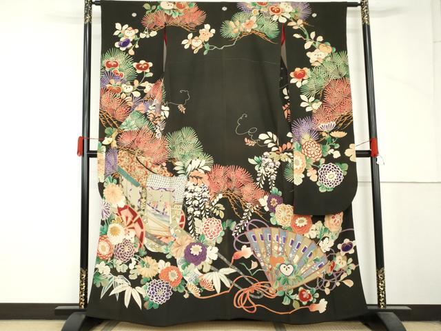 平和屋本店●アンティーク　大正ロマン　振袖　刺繍　御所車吉祥花文　黒地　正絹　逸品　AABL7788cs