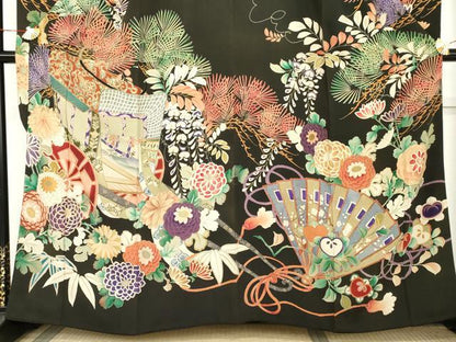 平和屋本店●アンティーク　大正ロマン　振袖　刺繍　御所車吉祥花文　黒地　正絹　逸品　AABL7788cs