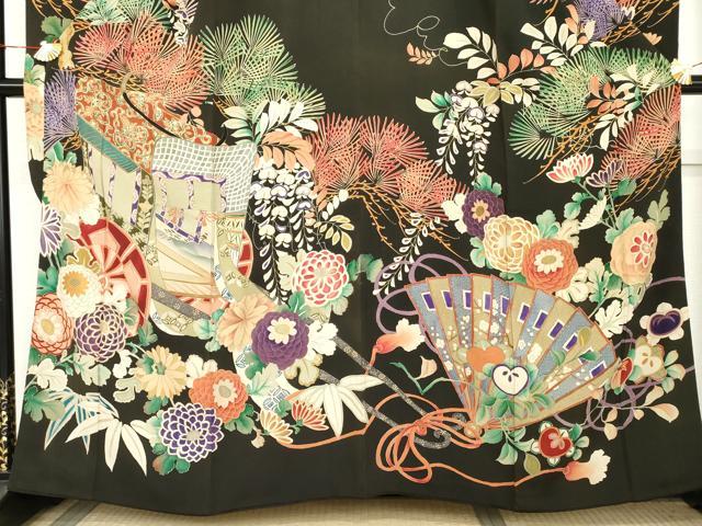 平和屋本店●アンティーク　大正ロマン　振袖　刺繍　御所車吉祥花文　黒地　正絹　逸品　AABL7788cs