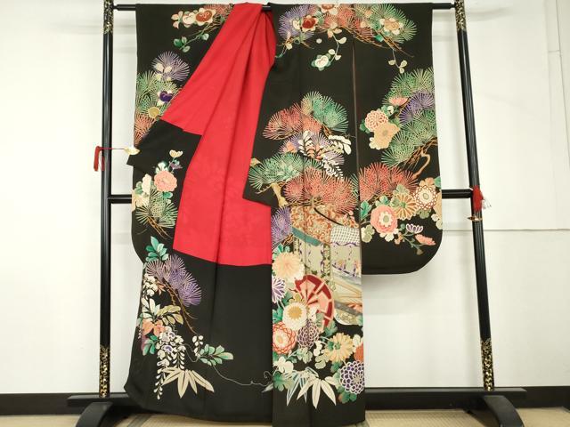平和屋本店●アンティーク　大正ロマン　振袖　刺繍　御所車吉祥花文　黒地　正絹　逸品　AABL7788cs