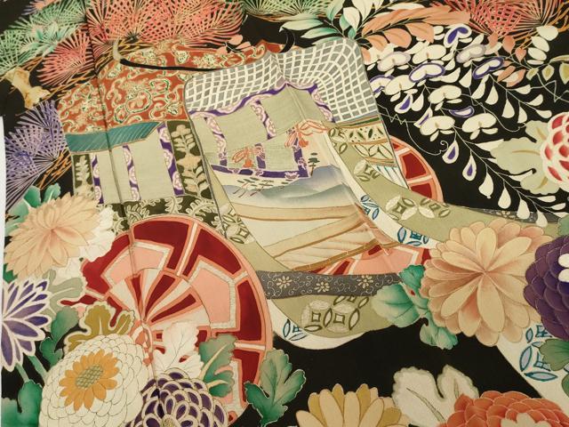 平和屋本店●アンティーク　大正ロマン　振袖　刺繍　御所車吉祥花文　黒地　正絹　逸品　AABL7788cs