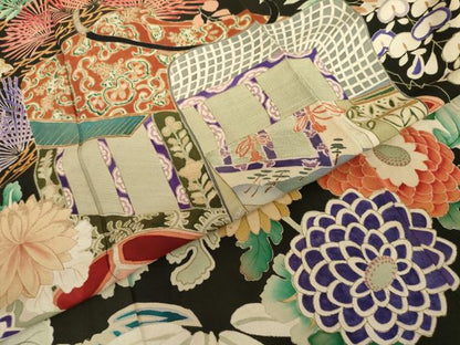 平和屋本店●アンティーク　大正ロマン　振袖　刺繍　御所車吉祥花文　黒地　正絹　逸品　AABL7788cs
