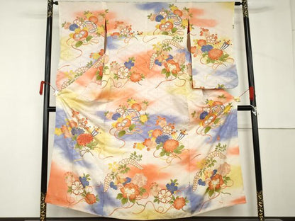 平和屋本店●アンティーク　大正ロマン　訪問着　駒刺繍　吉祥草花文　暈し染め　金銀糸　正絹　逸品　AABL7789cs