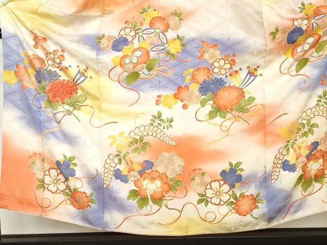 平和屋本店●アンティーク　大正ロマン　訪問着　駒刺繍　吉祥草花文　暈し染め　金銀糸　正絹　逸品　AABL7789cs